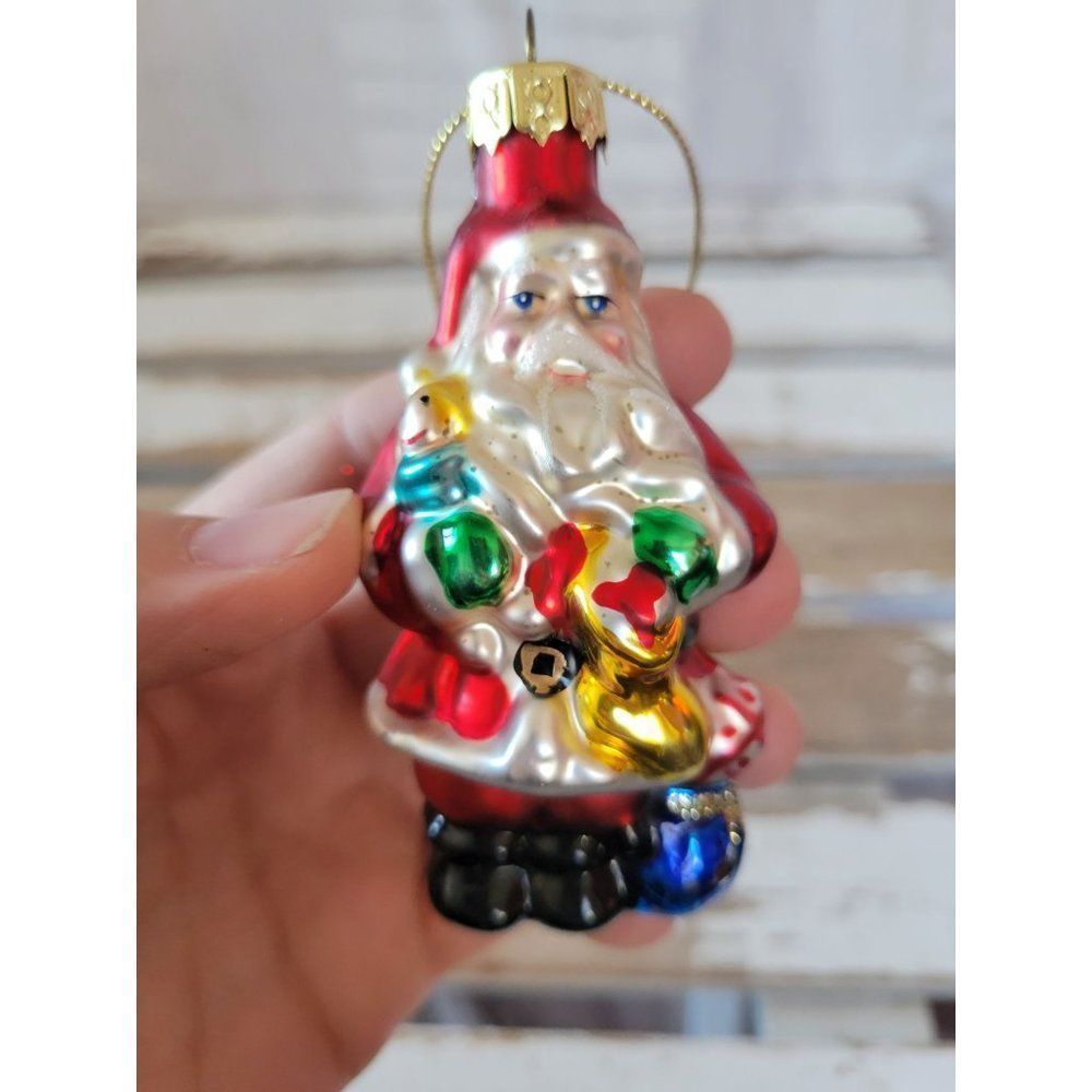 Santa bag ornament glass doll red Xmas tree holiday home decor Vintage